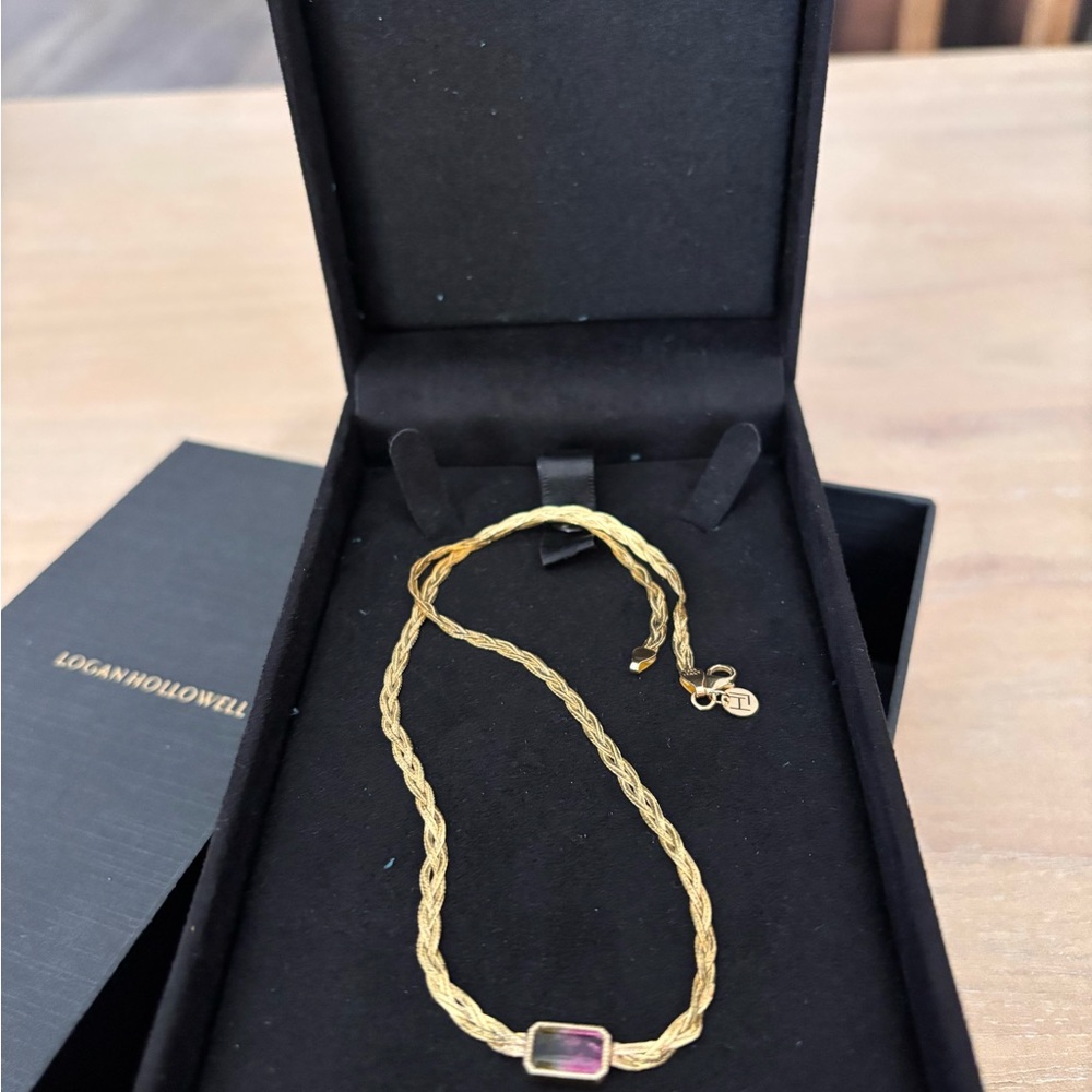 Logan Hollowell Watermelon Tourmaline Braided Gold Necklace 16”